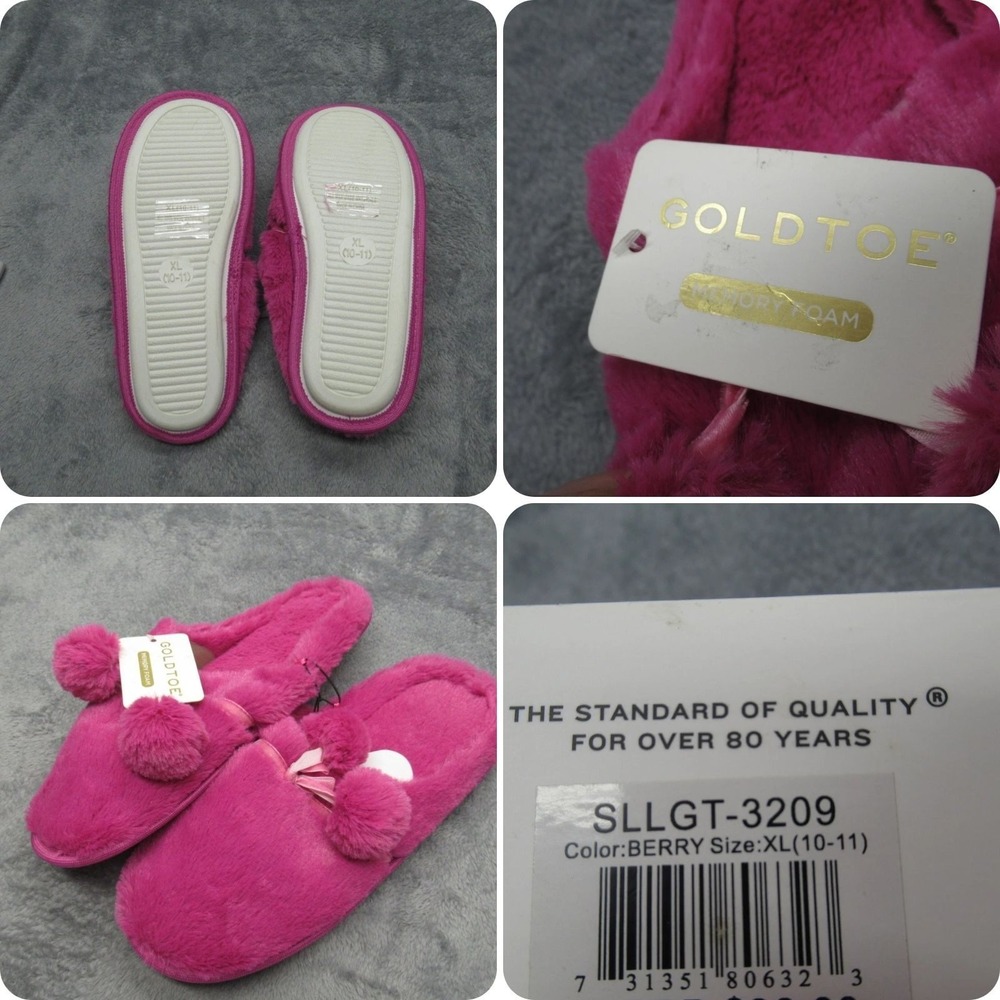 Gold Toe Memory Foam Slippers Womens XL 10-11 Fuzzy‎ Pom Pom Berry Pink
